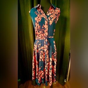Nanette Lepore Navy, Peach Belted Floral Sleeveless Midi Dress, Size 12